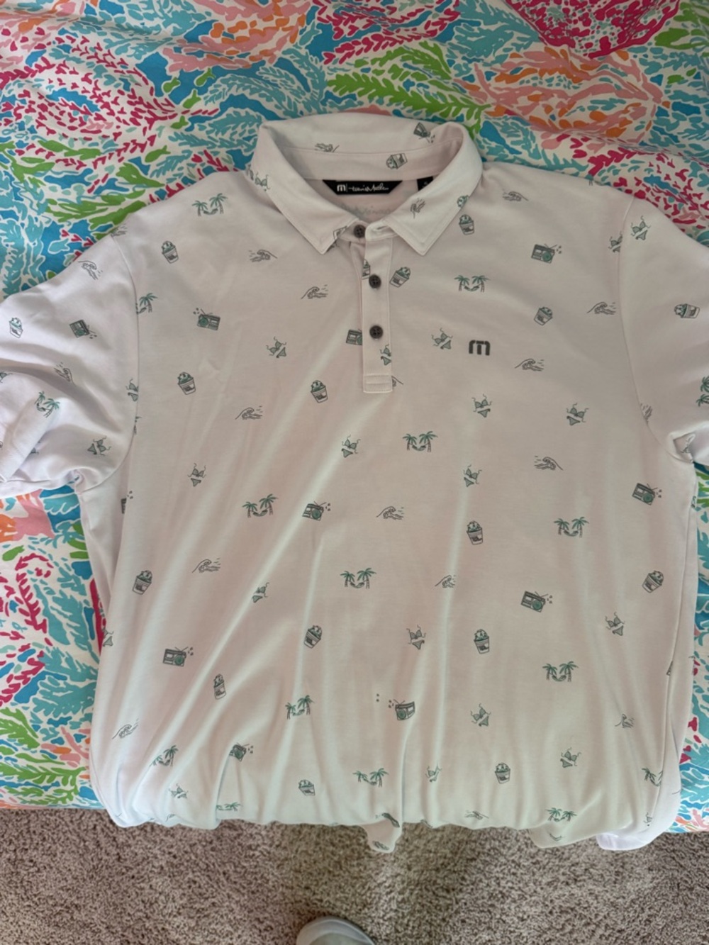 Travis Mathew White Polo Shirt with Green Micro Print